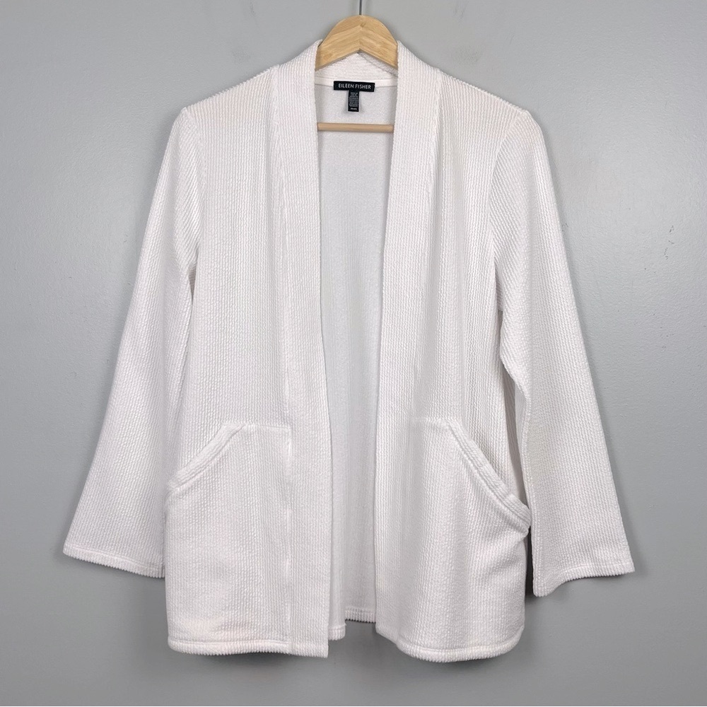 Eileen Fisher white ribbed textured open front organic cotton blend cardigan, M.